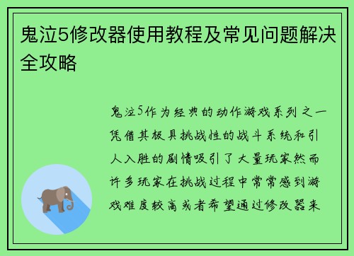 鬼泣5修改器使用教程及常见问题解决全攻略